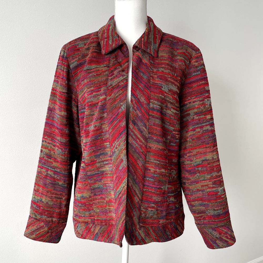 Coldwater Creek Red Multi Color Space Dye Textured Open Front Jacket Large L